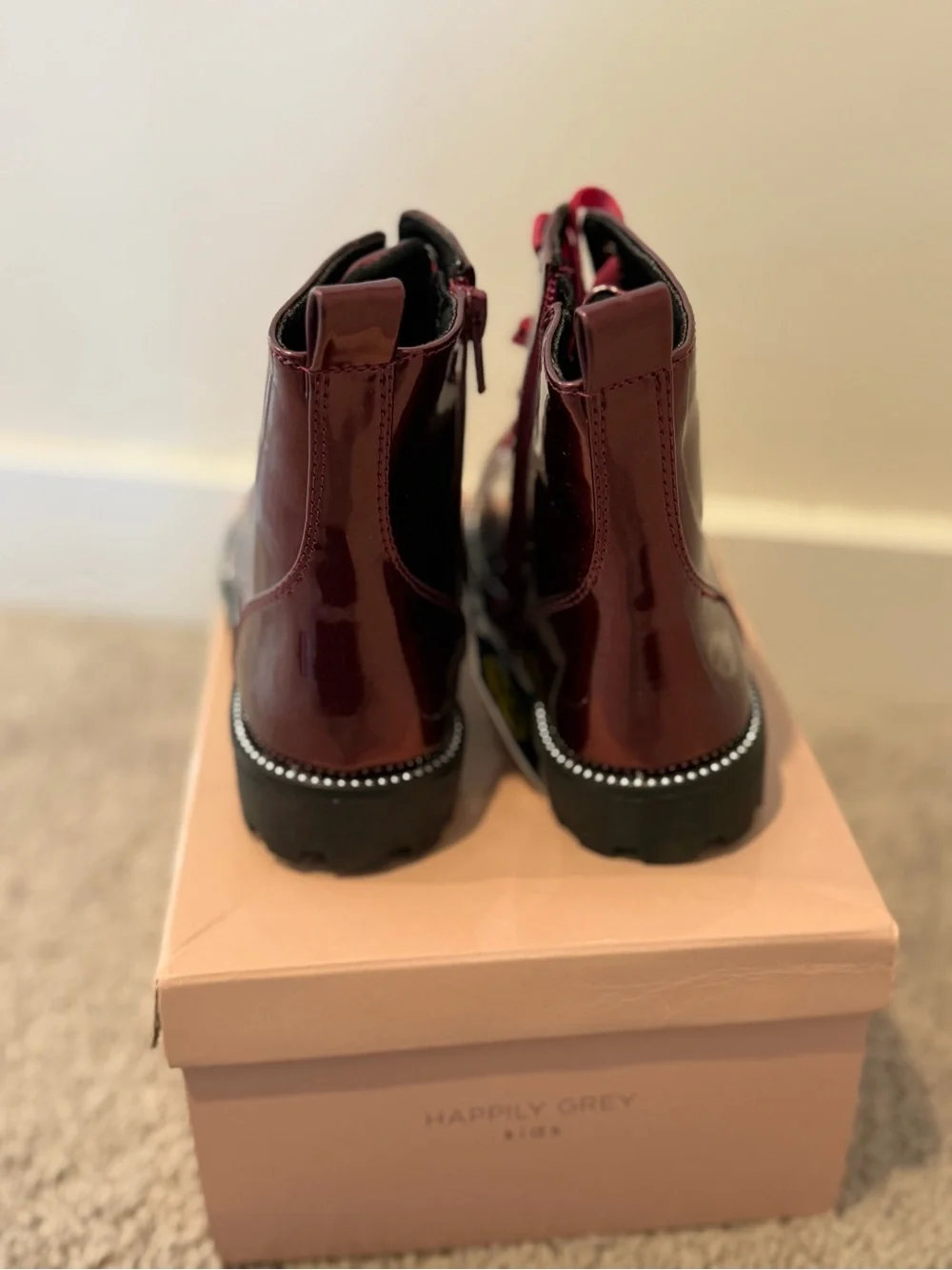 Girls Glossy Burgundy Lace-Up Combat Boots with Velvet Laces